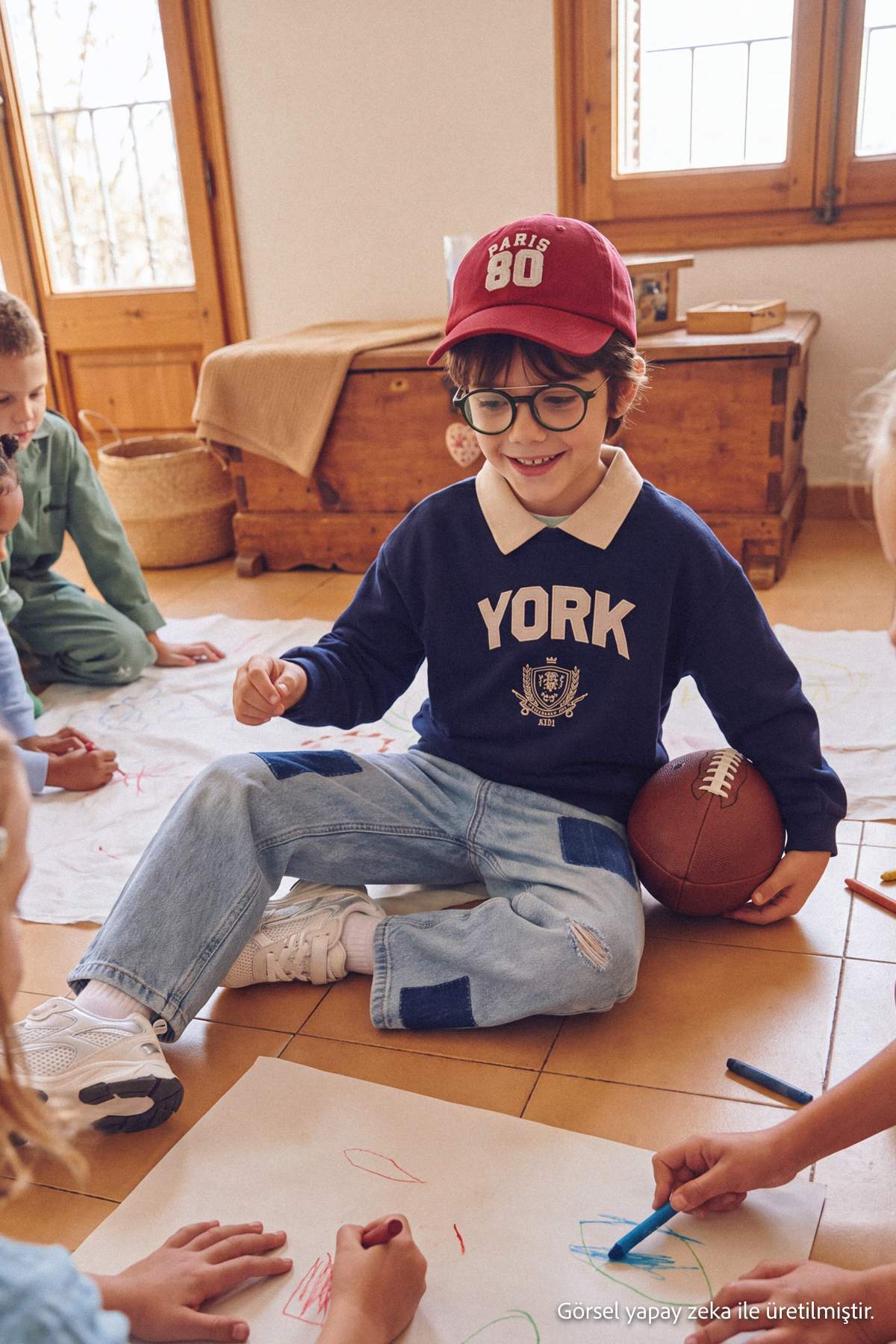 Kids' Navy Embroidered Polo-Collar Fleece-Lined Sweatshirt