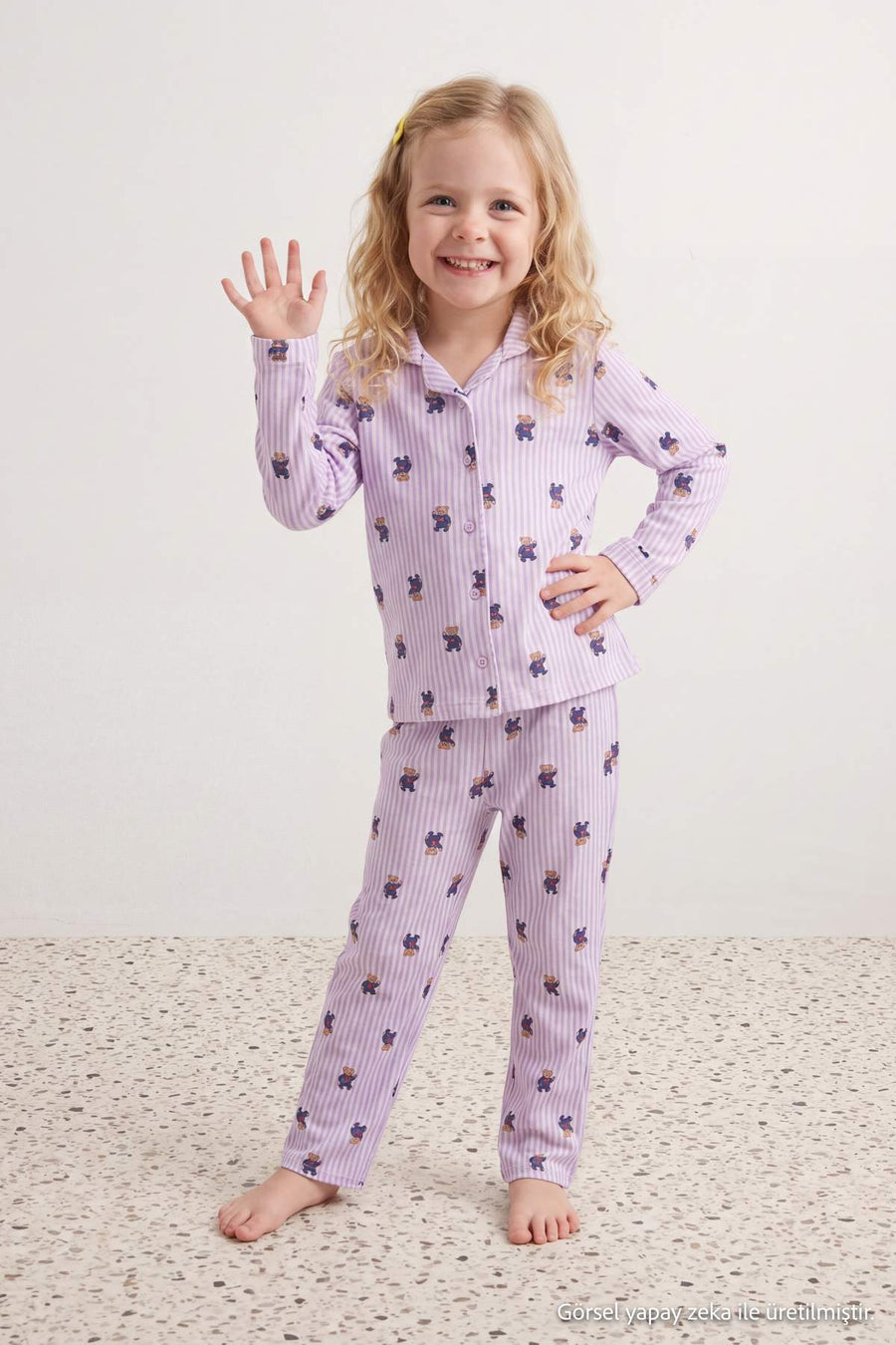 Girls' Pink Soft Patterned Pyjama Set with Shirt Collar