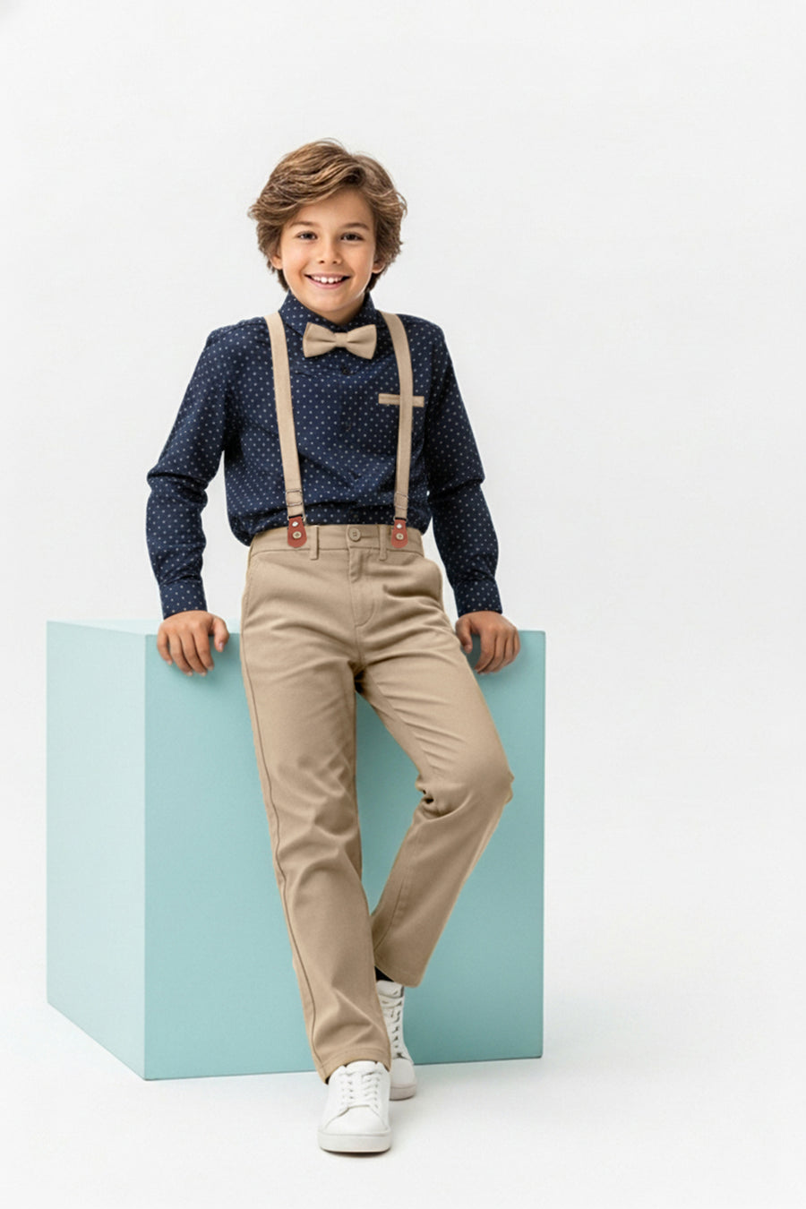 Boys' Navy 4-Piece Bow Tie, Polka-Dot Shirt, Trousers & Braces Set