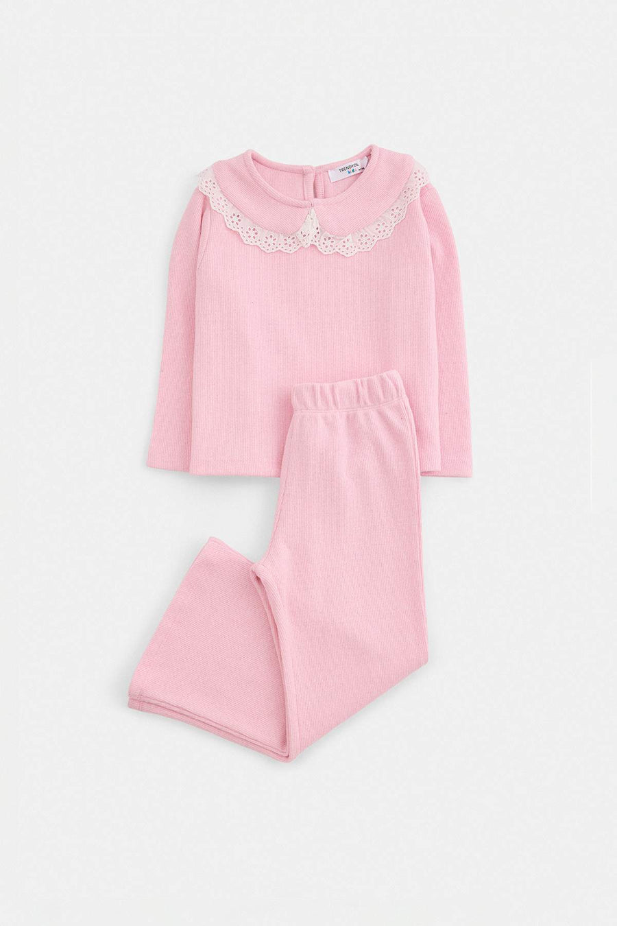Girls' Pink Lace-Collar Top & Trousers Set