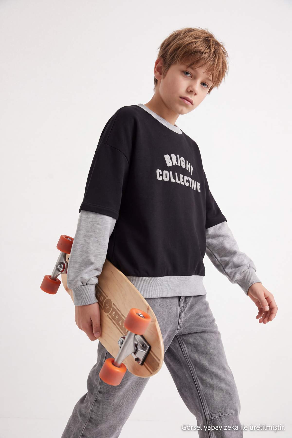 Boys' Black Slogan Layered-Sleeve Sweatshirt