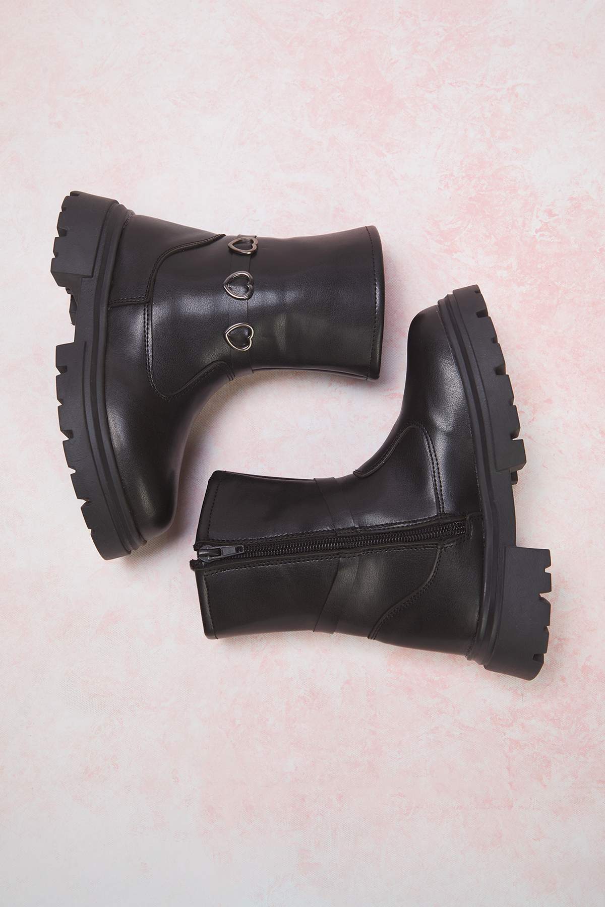 Girls' Black Heart-Buckle Zip Boots