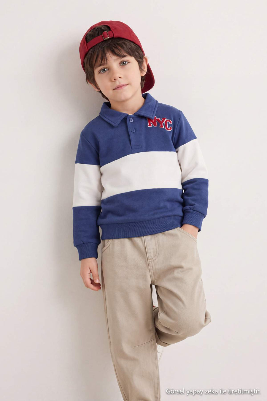 Boys' Indigo Striped Polo-Collar Sweatshirt