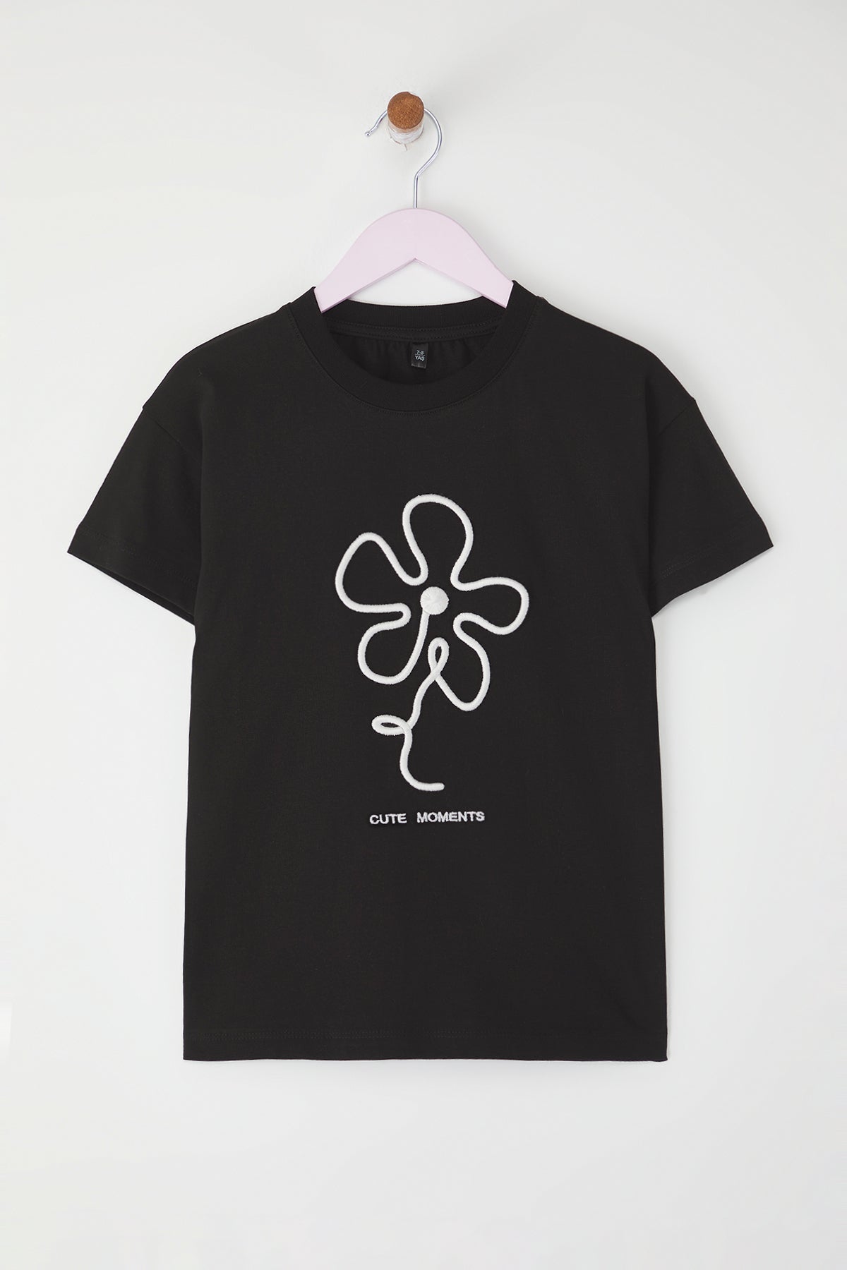 Girls' Black Floral-Embroidered Cotton T-Shirt