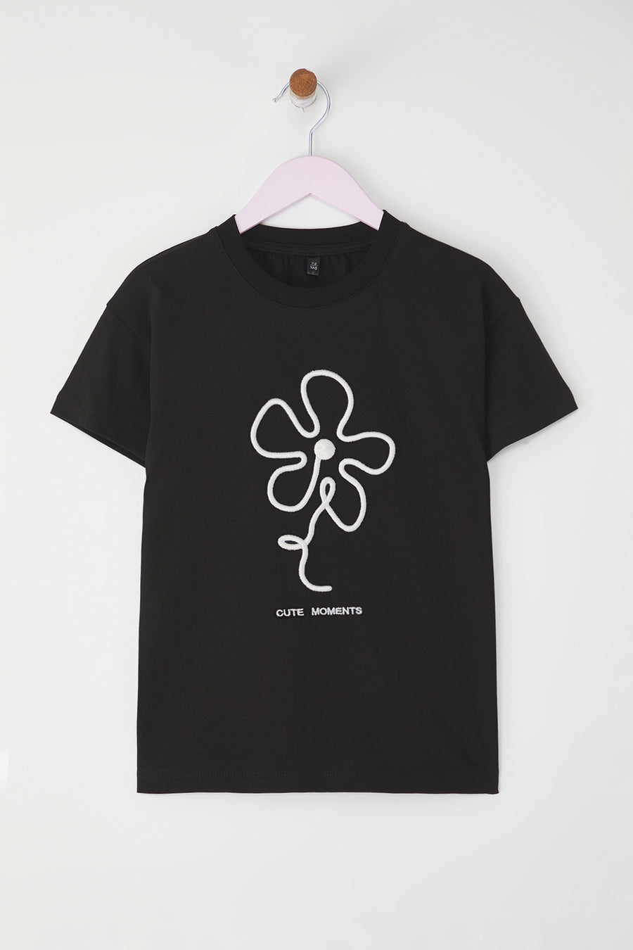 Girls' Black Floral-Embroidered Cotton T-Shirt