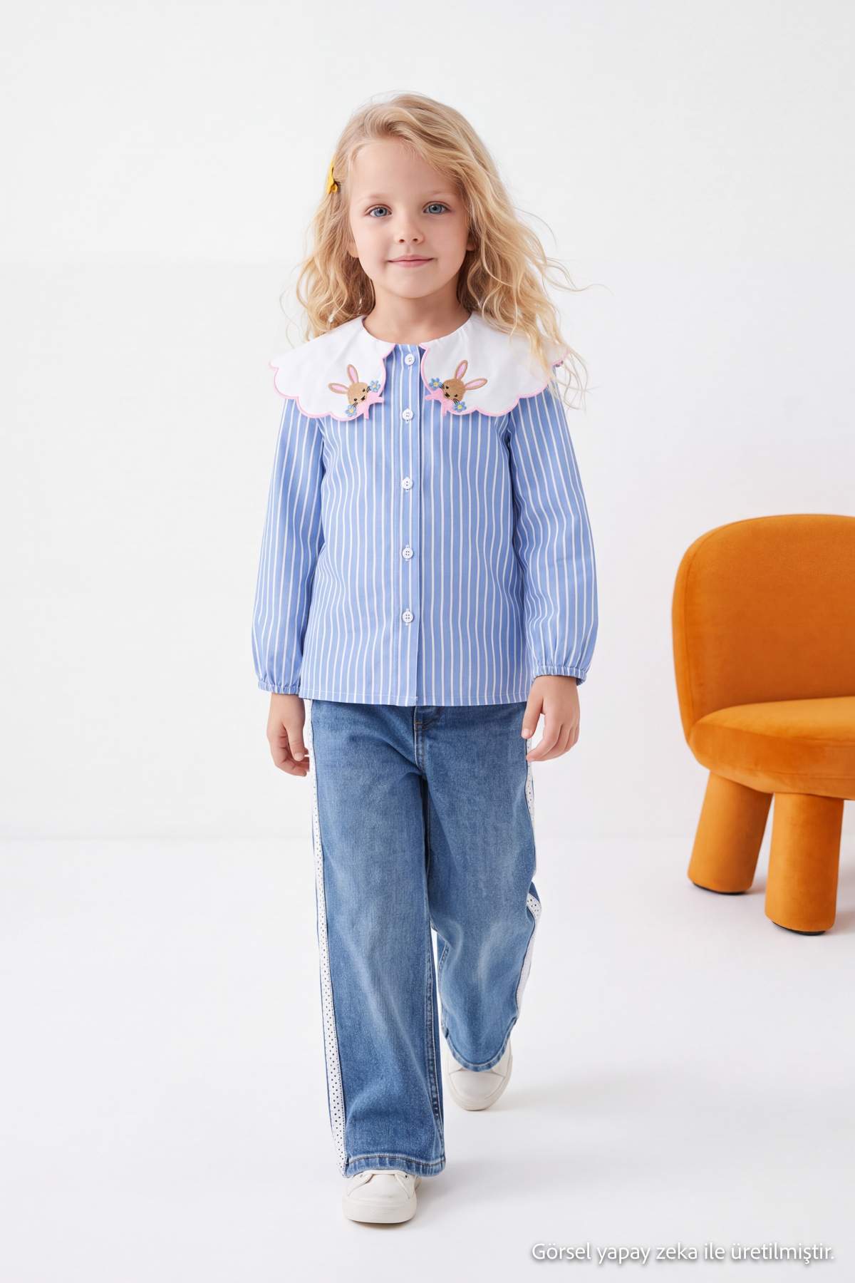 Girls' Blue Striped Bunny-Collar Shirt