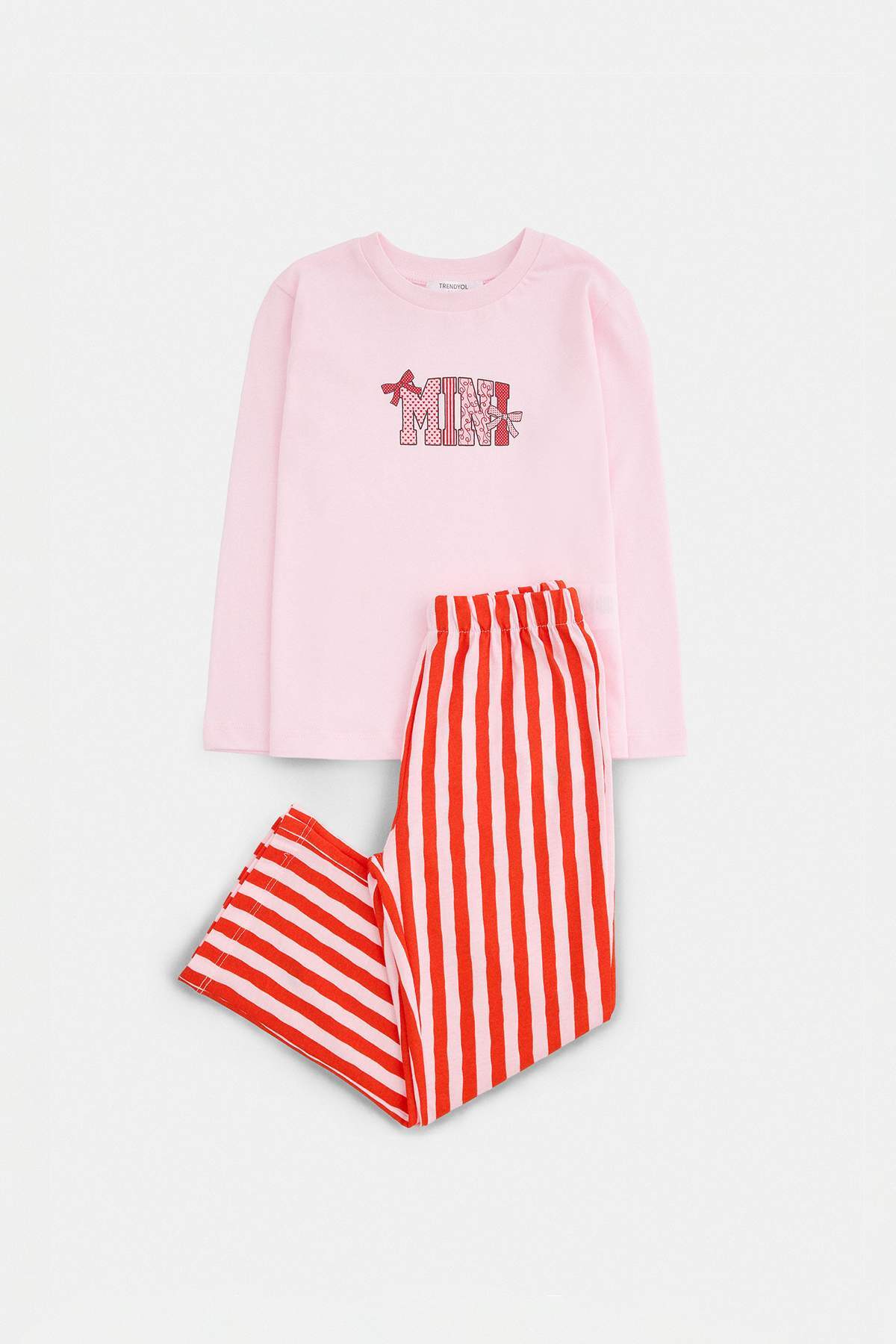 Girls' Powder Pink Top & Striped Trousers Pyjama Set