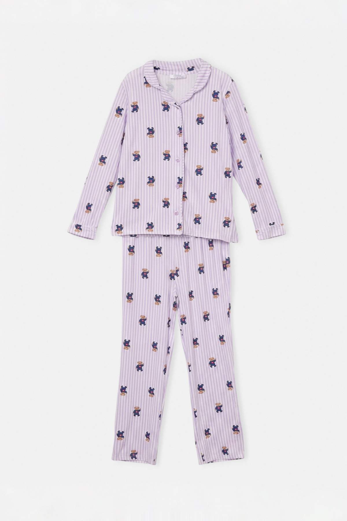Girls' Pink Soft Patterned Pyjama Set with Shirt Collar