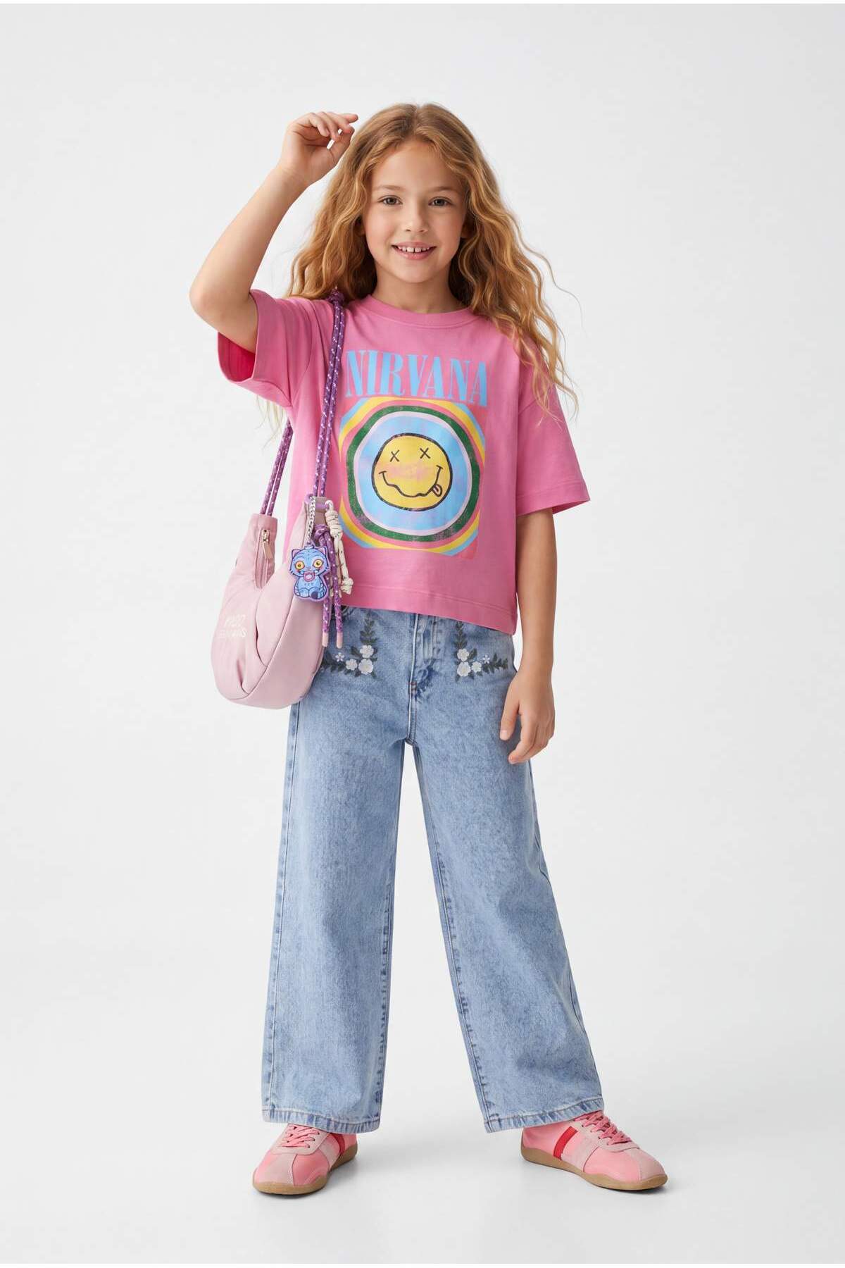 Girls' Blue Star-Print Wide-Leg Denim Trousers