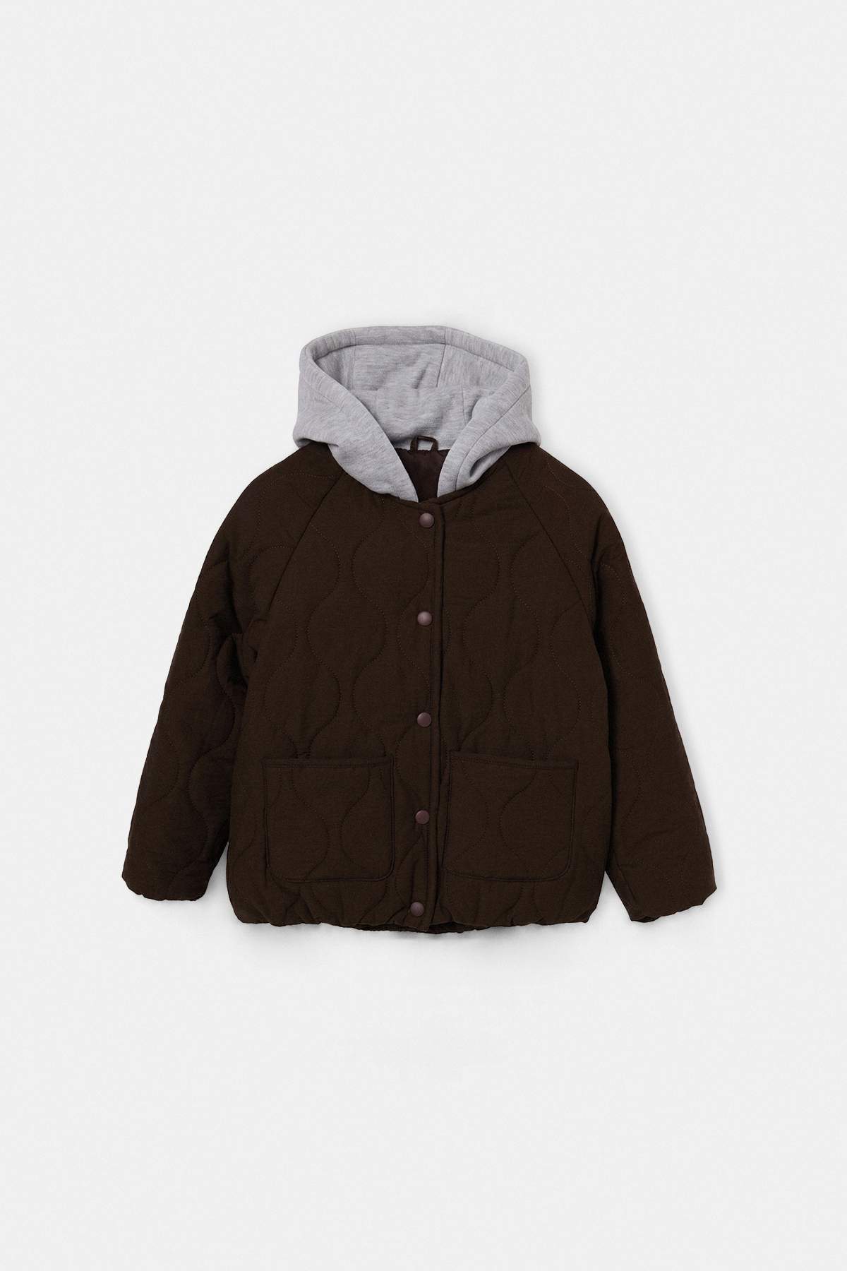 Girls' Brown Quilted Hooded Jacket