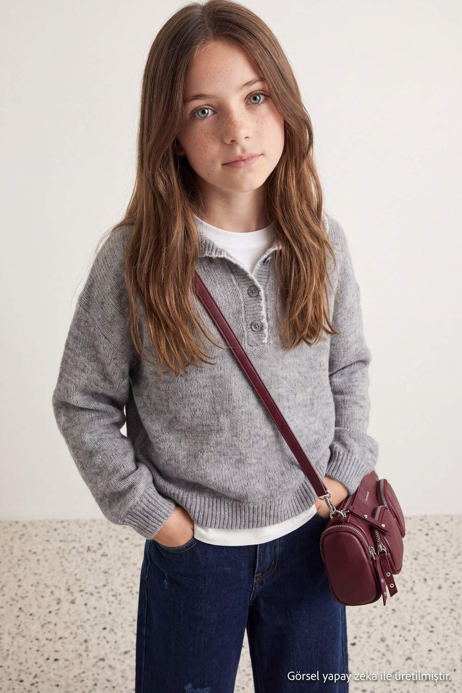 Girls' Grey Marl Polo-Collar Jumper