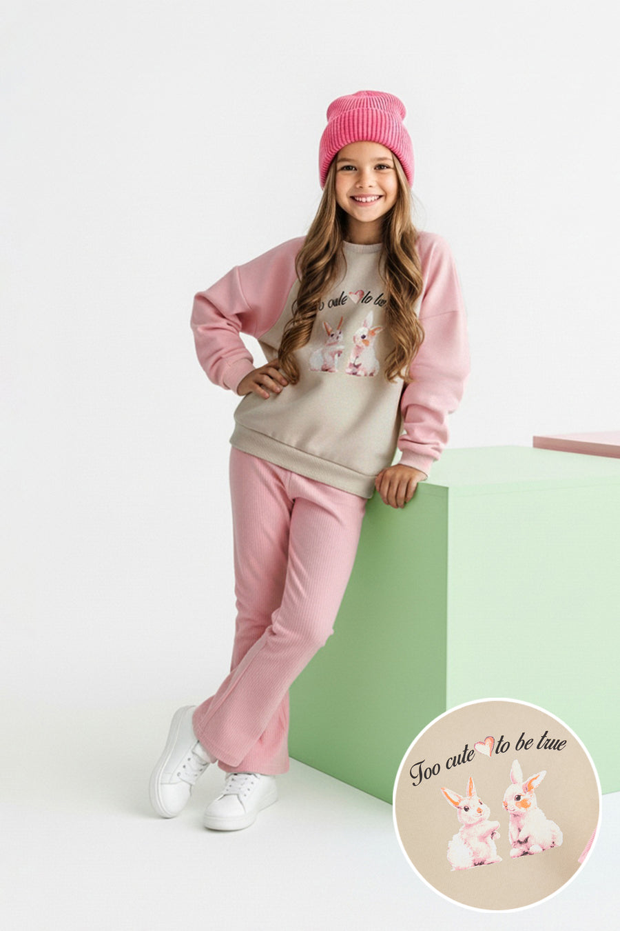 Girls' Beige Colour-Block Fleece-Lined Oversized Set