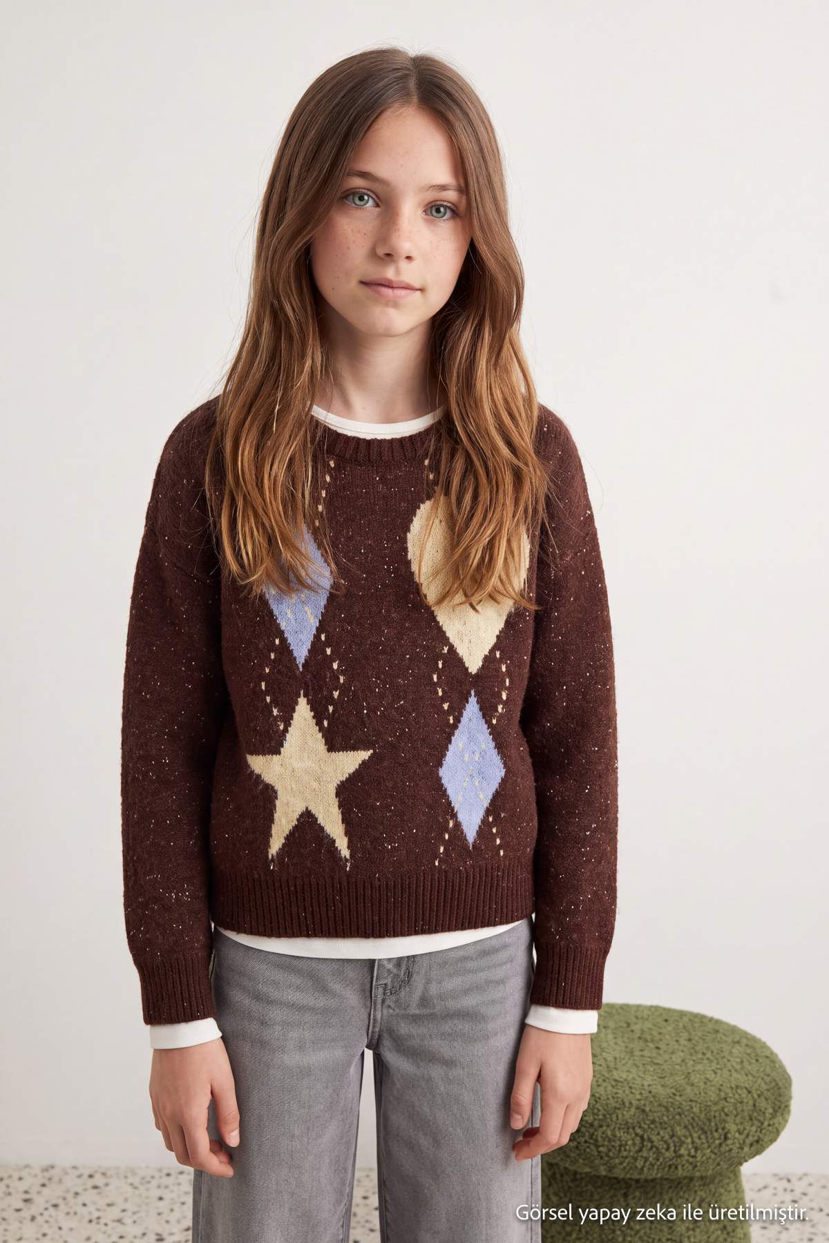 Girls' Brown Star-Pattern Jumper