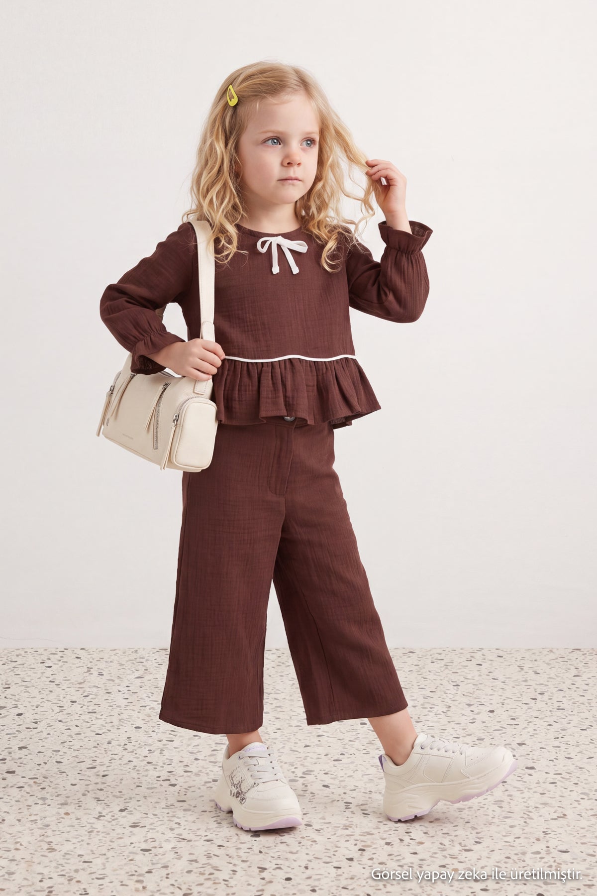 Girls' Burgundy Cotton Muslin Bow Shirt & Trousers Set