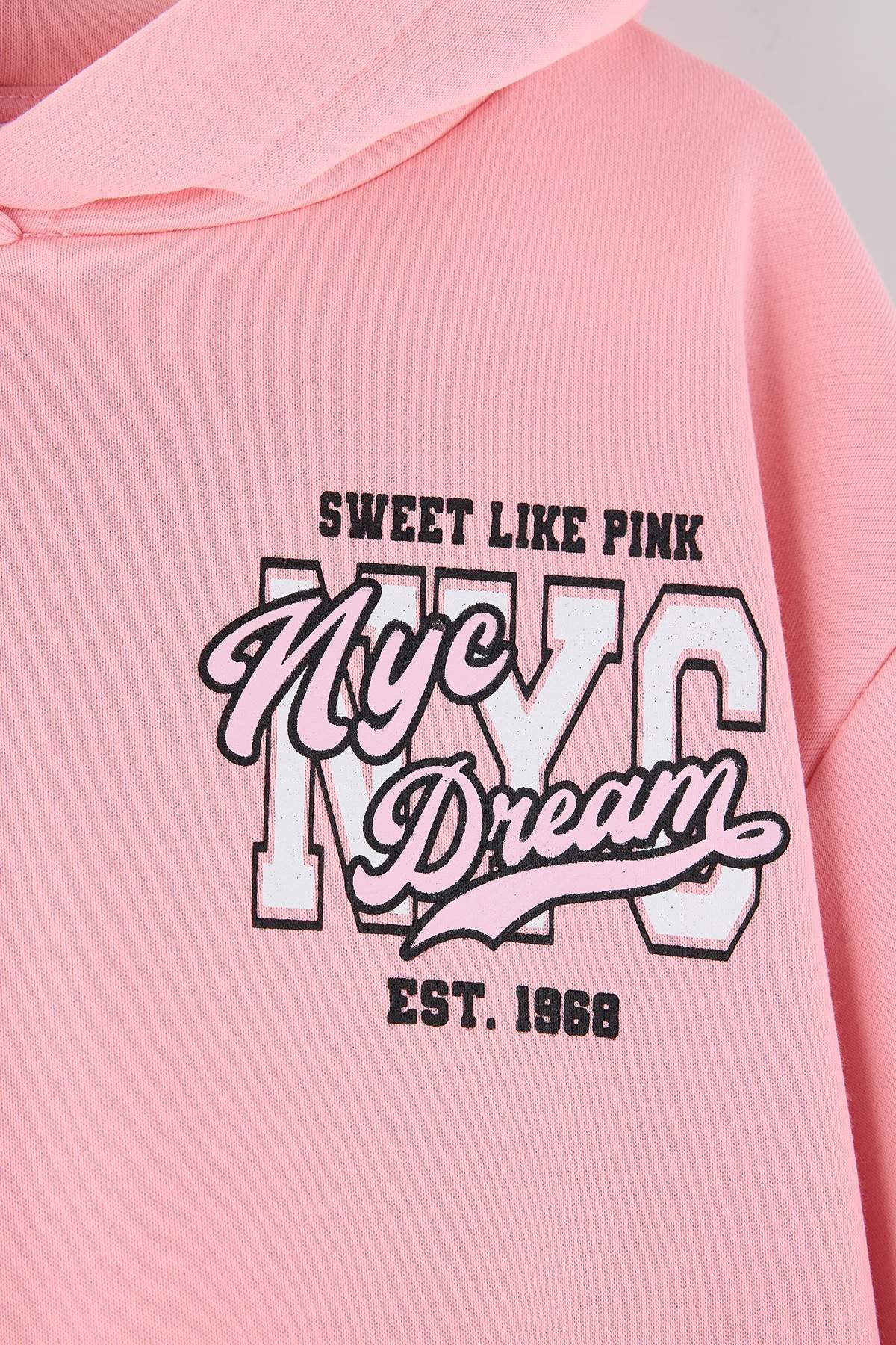 Girls' Pink Printed Thick Hoodie & Leggings Set