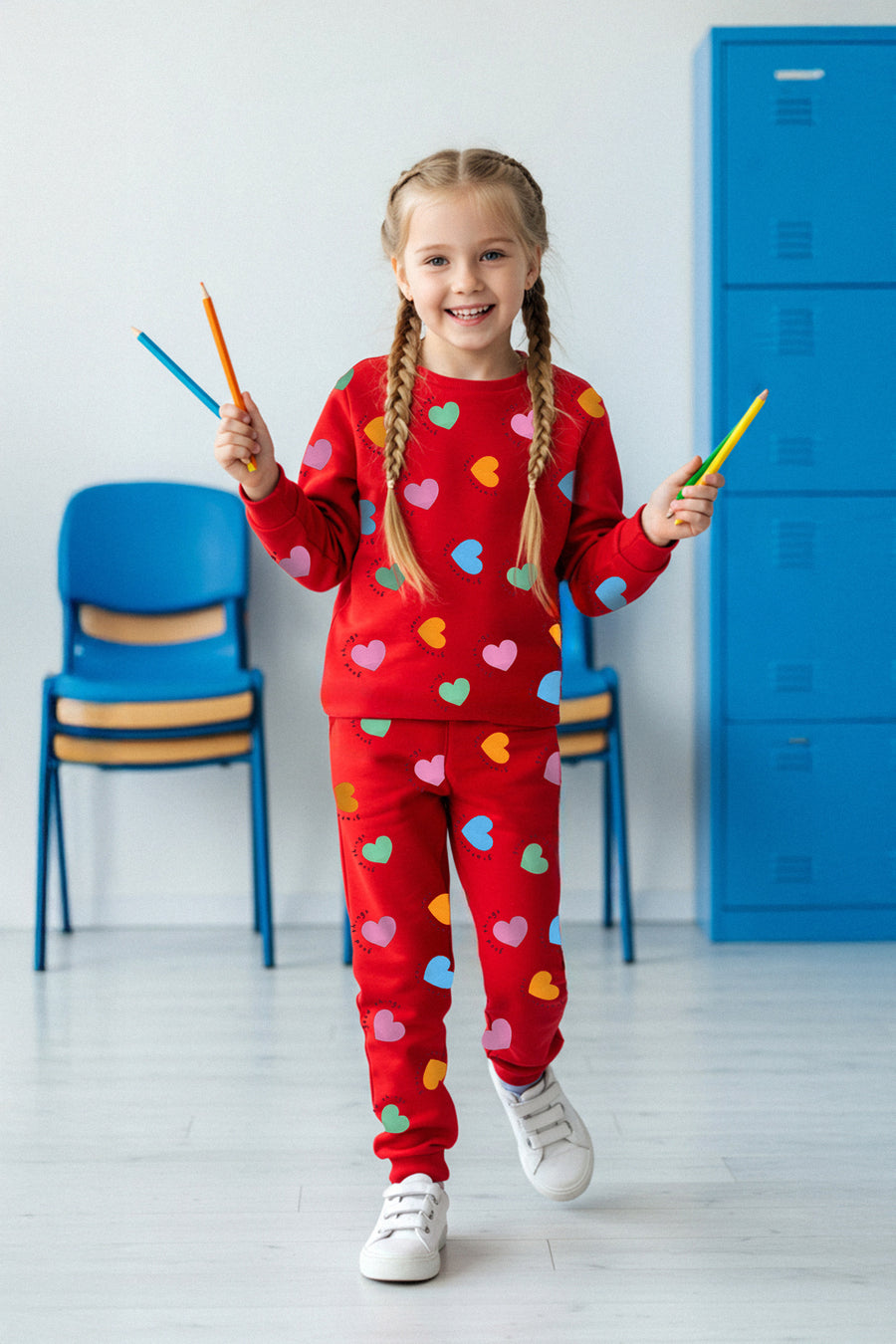 Girls' Soft Heart-Print Pyjama Set