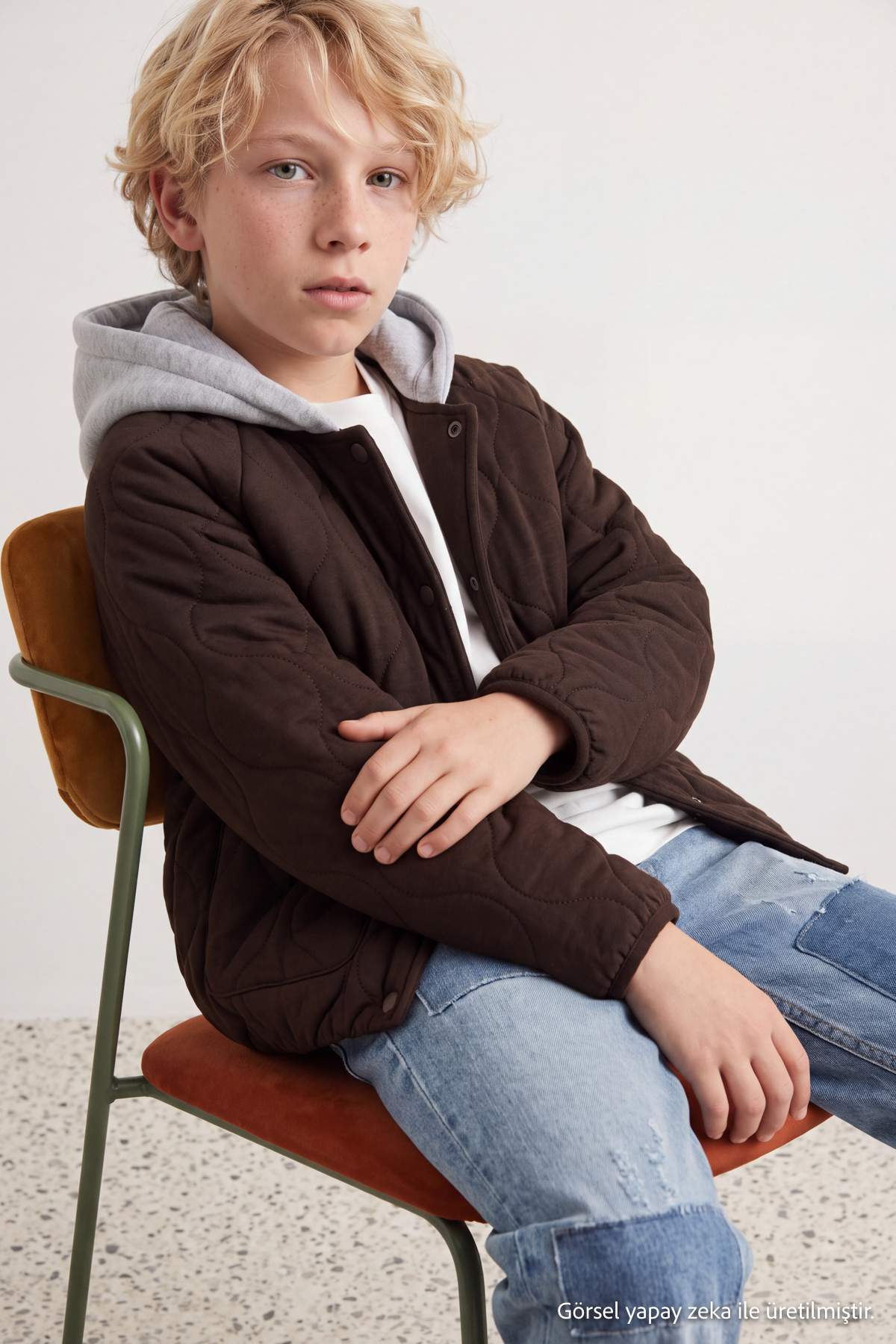 Girls' Brown Quilted Hooded Jacket