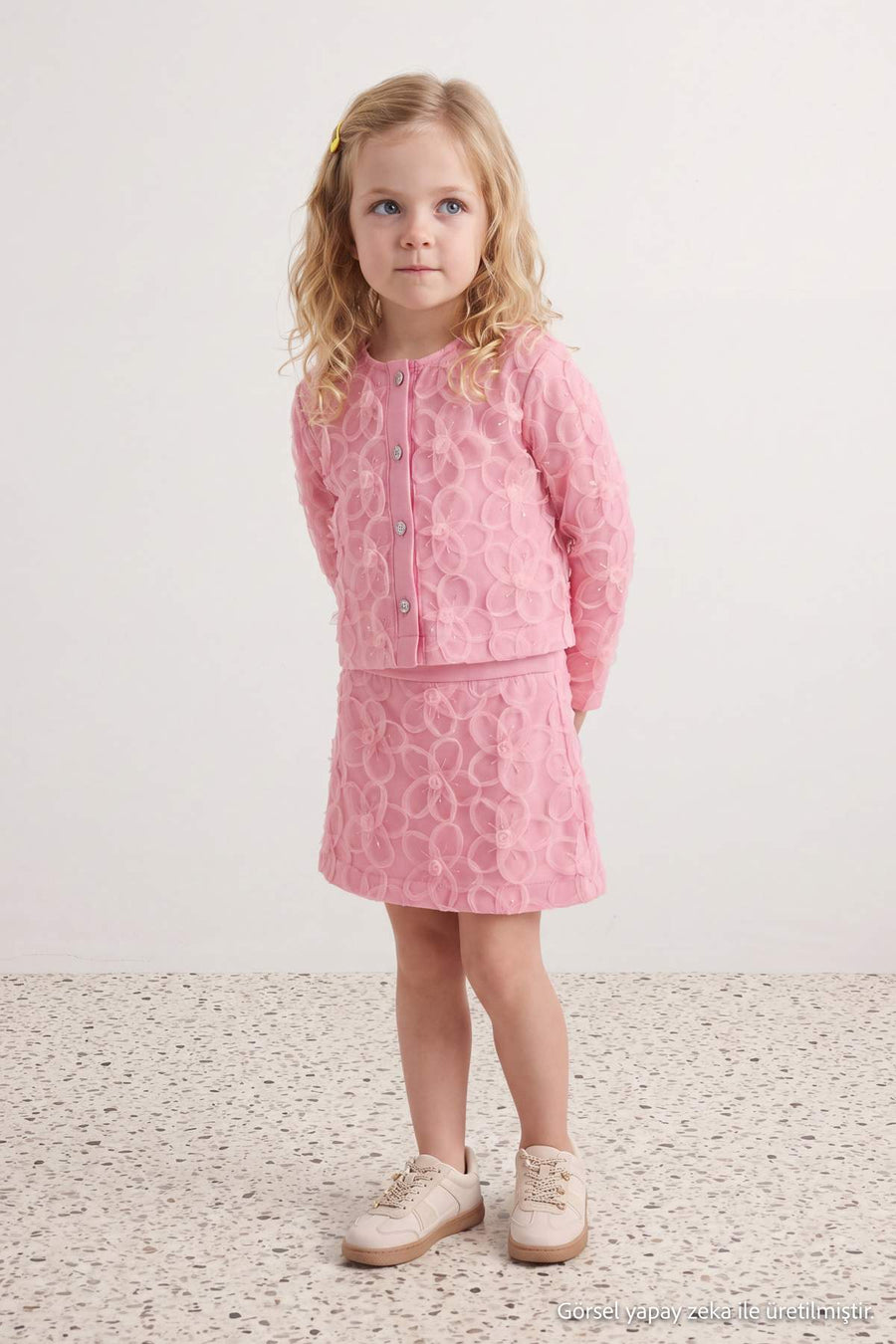 Girls' Pink Cotton Tulle-Detail Jacket & Skirt Set