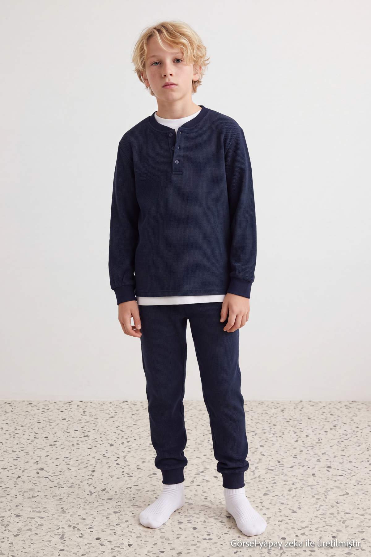 Boys' Navy Textured Henley Pyjama Set