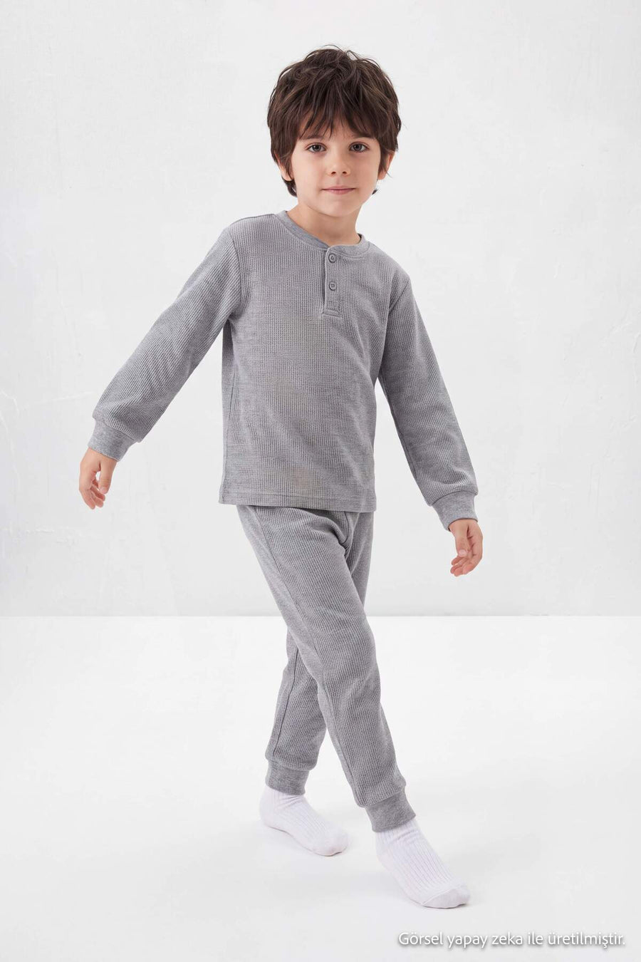Boys' Grey Waffle Henley Pyjama Set
