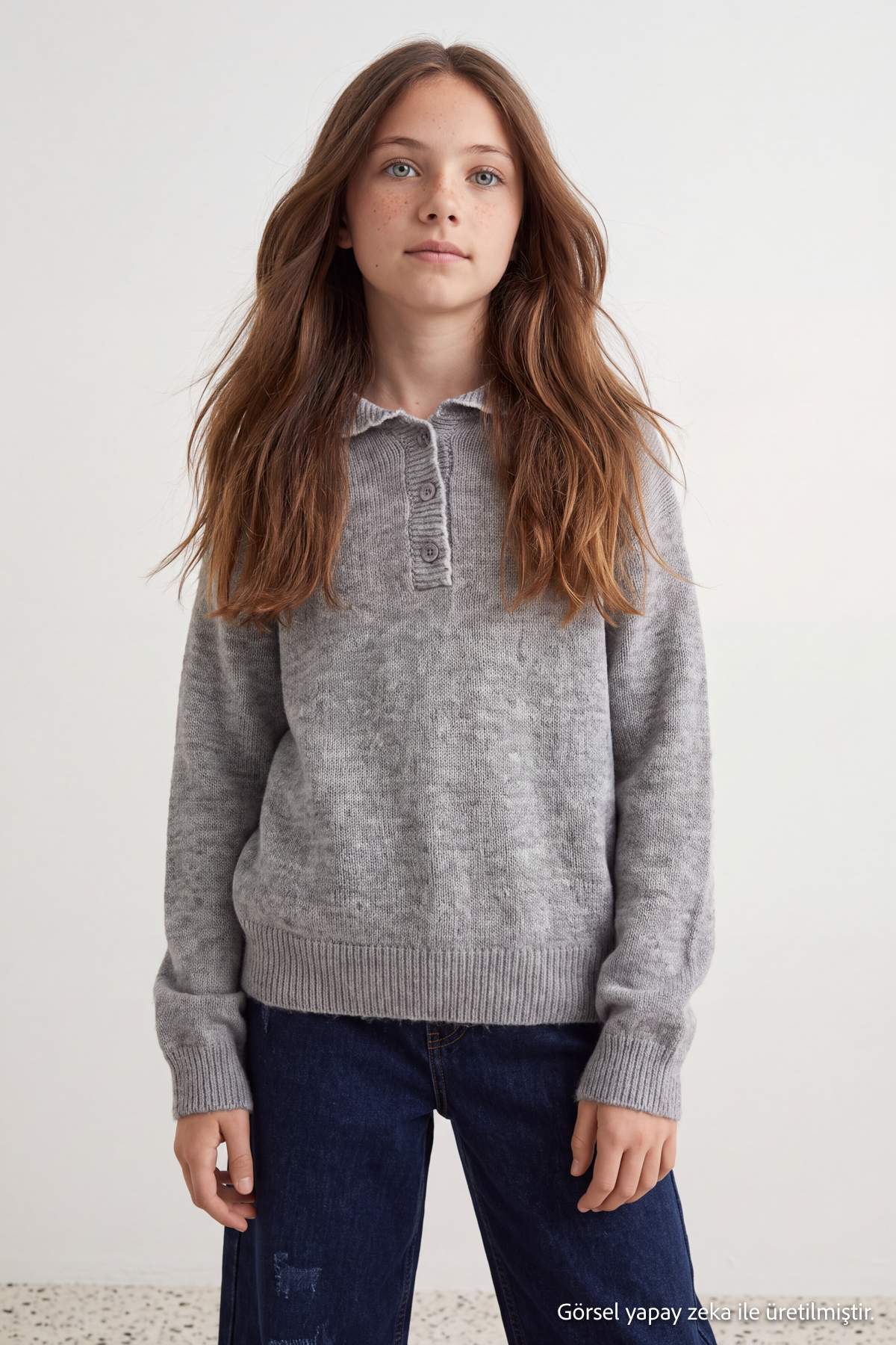 Girls' Grey Marl Polo-Collar Jumper