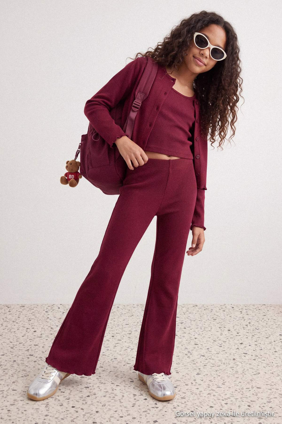 Girls' Burgundy Ribbed 3-Piece Vest, Cardigan & Leggings Set