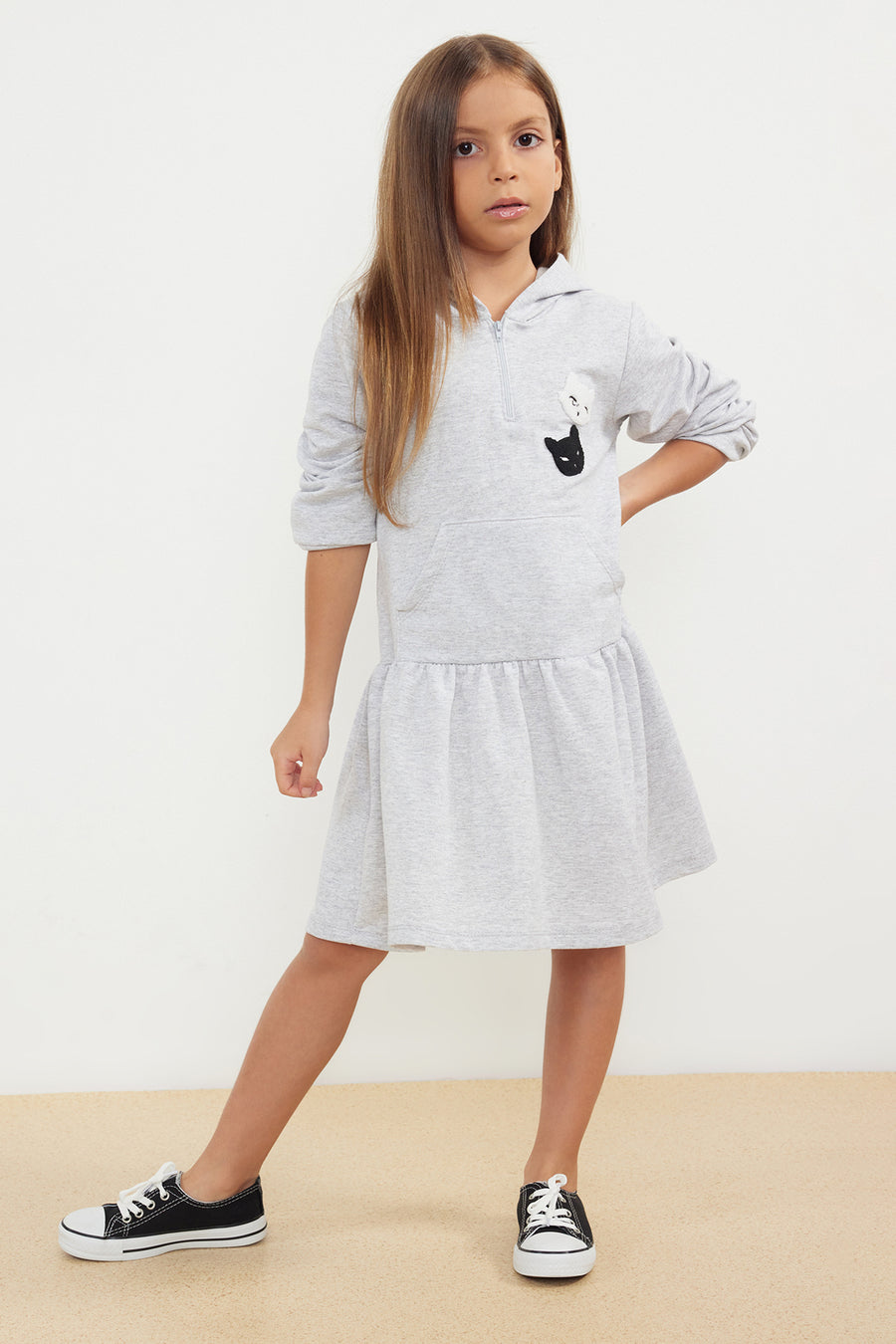Girls' Grey Marl Hooded Cotton Sweat Dress