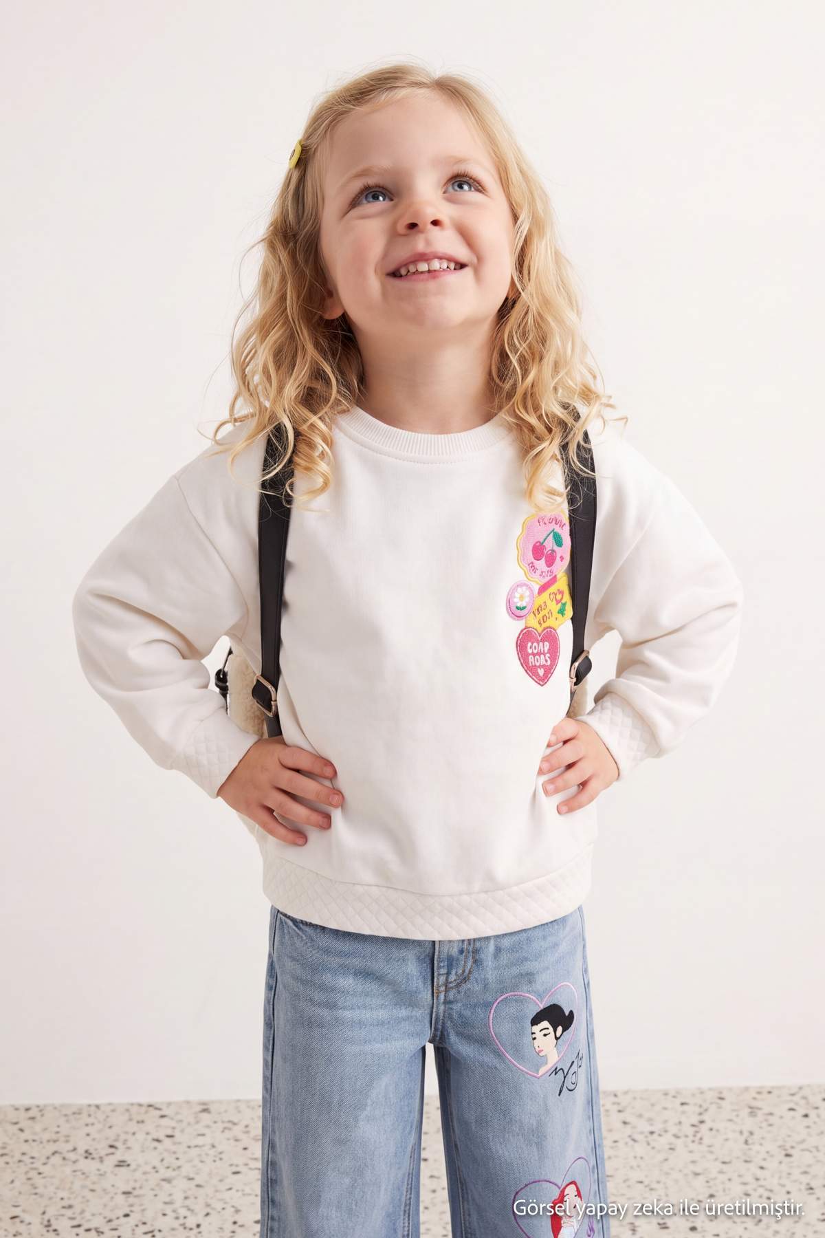 Girls' Ecru Patch-Print Fleece-Lined Sweatshirt