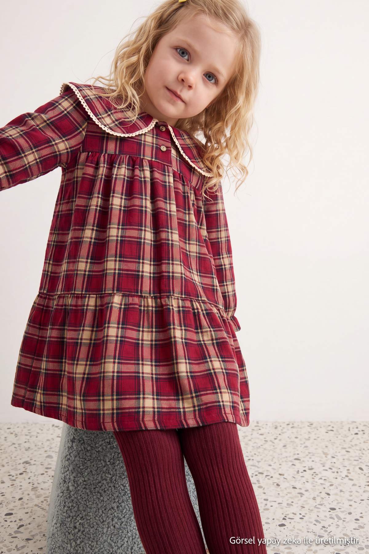 Girls' Burgundy Plaid Collared Dress